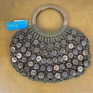 Blue Miami Woven Wooden Handle Button Embellished Bohemian Purse